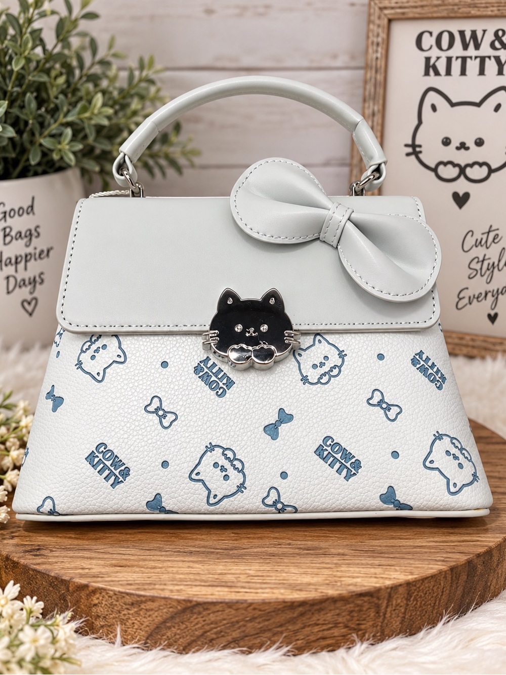 Cow & Kitty Cute Cat Bow Handbag Purse – White & Blue